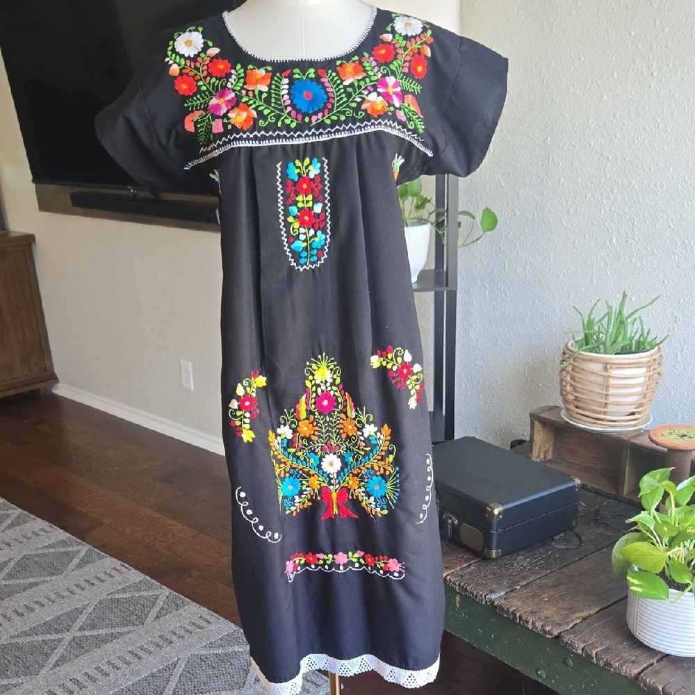 Floral Embroidered Black Kids Dress